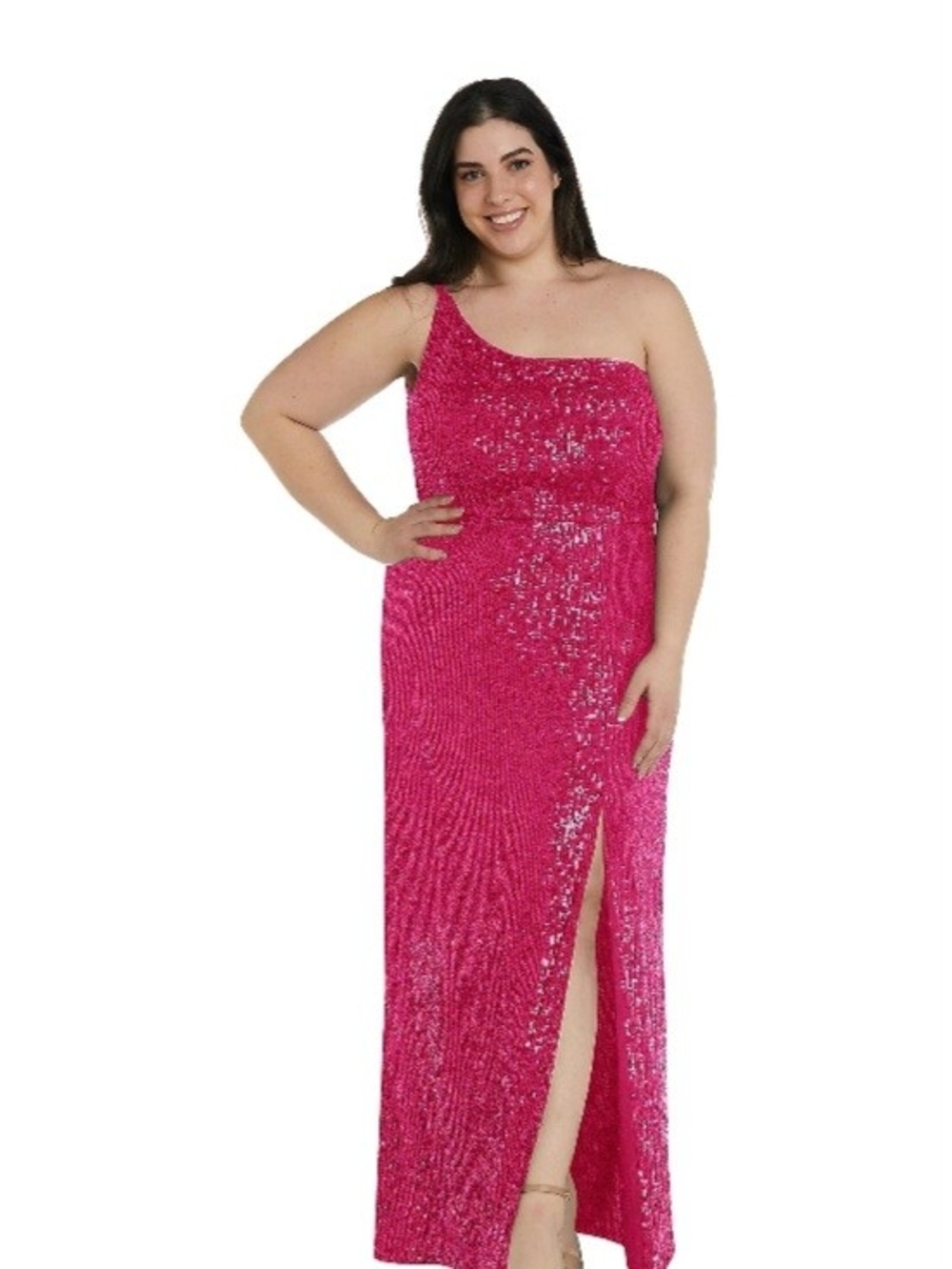 Night Way Collections One-Shoulder Sequin Gown in Fuchsia